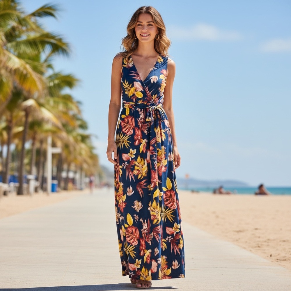 Love by Chesley navy tropical print women’s tie front dress sz medium